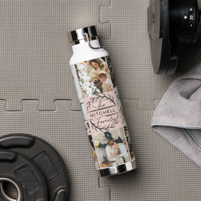 Botella De Agua Elegante Monograma y Collage de fotos rosa Rubor m (Gimnasio)