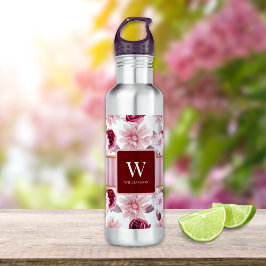 Botella De Agua Elegante onograma de banda floral rosa