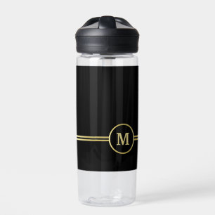 Botella De Agua Elegante oro Monograma personalizado sobre negro