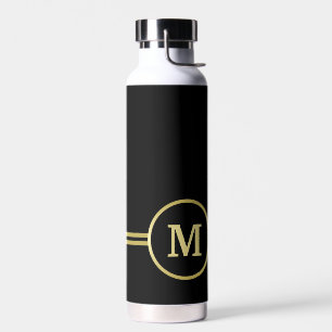 Botella De Agua Elegante oro Monograma personalizado sobre negro