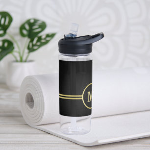 Botella De Agua Elegante oro Monograma personalizado sobre negro