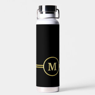 Botella De Agua Elegante oro Monograma personalizado sobre negro