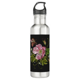 Botella De Agua Elegante patrón de bordado floral fondo negro