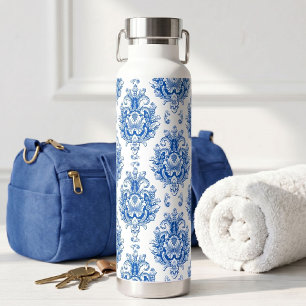 Botella De Agua Elegante patrón de damasco mediterráneo azul y bla