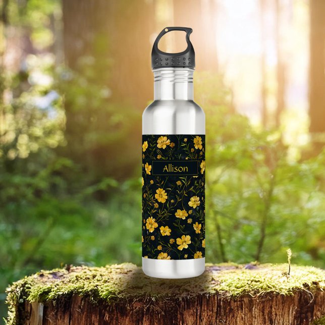 Botella De Agua Elegante patrón de flor de mariposa amarillo (Subido por el creador)