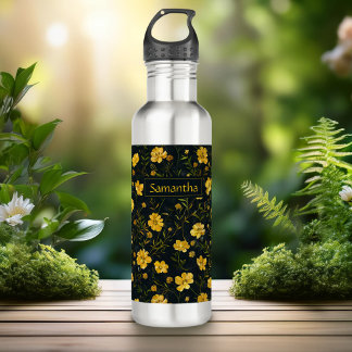 Botella De Agua Elegante patrón de flor de mariposa amarillo