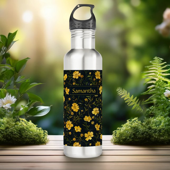 Botella De Agua Elegante patrón de flor de mariposa amarillo (Subido por el creador)