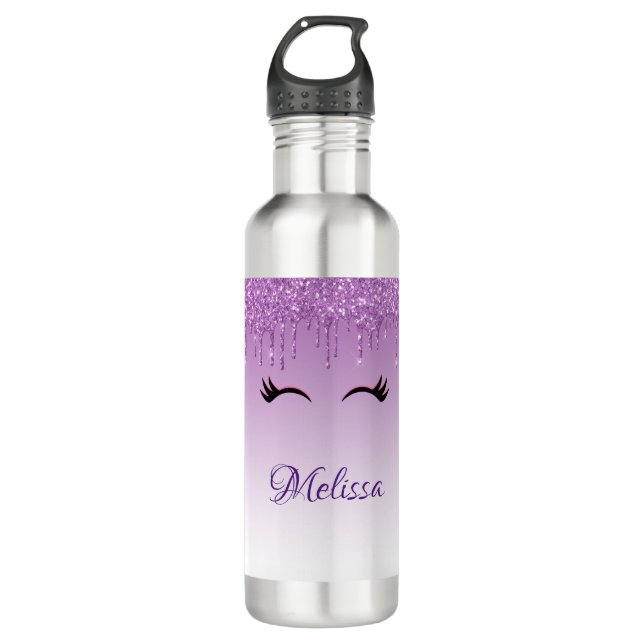 Botella De Agua Elegante pestañas rosadas y negras sobre el Purpur (Anverso)