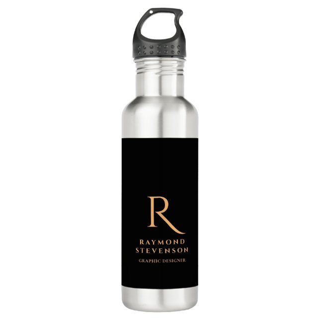 Botella De Agua Elegante Profesional Black Gold Monogramado (Anverso)