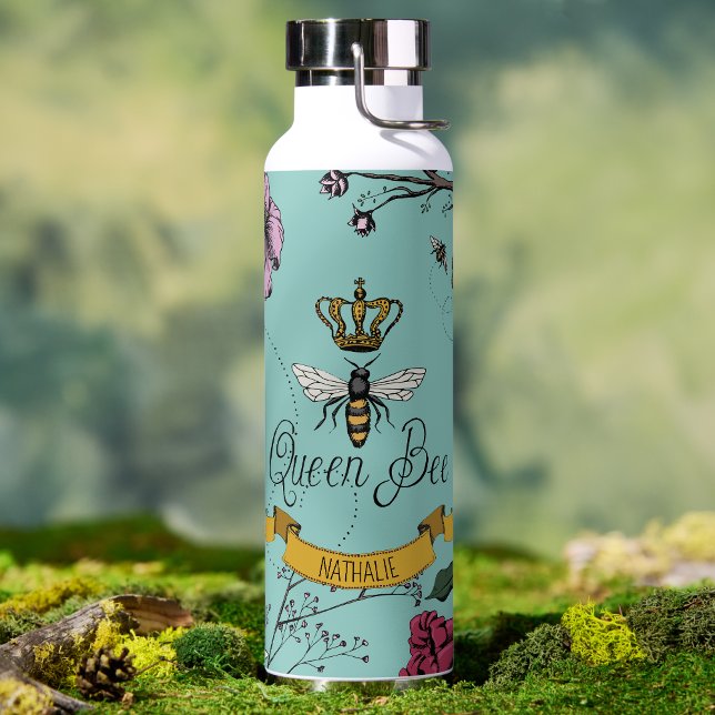 Botella De Agua Elegante reina floral Verde azulada (Elegant Queen Bee Gold Crown Water Bottle in Teal for Her. Hand Drawn Floral Bee Illustration.)