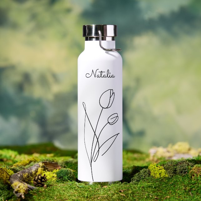 Botella De Agua Elegante Rosa blanco negro trendy nombre floral pe (Exterior)