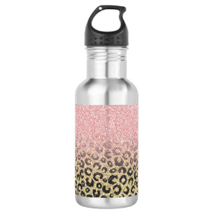 Botella De Agua Elegante Rosa Purpurina dorado Leopardo negro