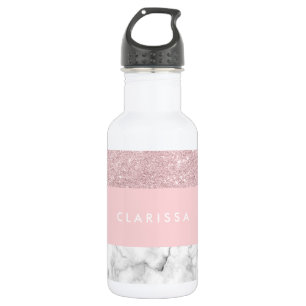 Botella De Agua Elegante rosa  purpurina dorado y mármol blanco
