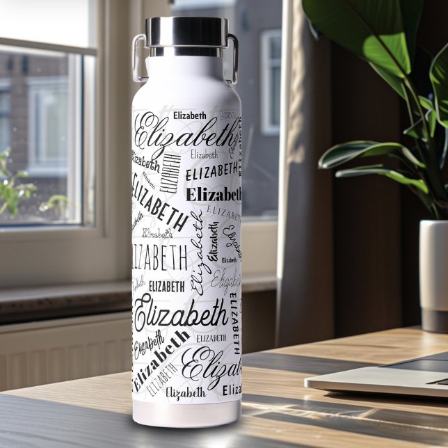 Botella De Agua Elizabeth Black White Custom Name (Subido por el creador)
