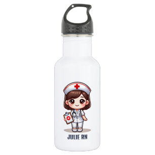 Botella De Agua Enfermera de manga con pelo marrón personalizada
