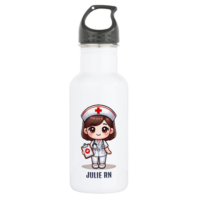 Botella De Agua Enfermera de manga con pelo marrón personalizada (Anverso)