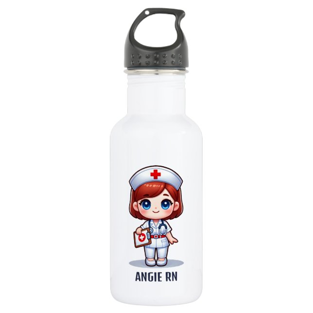 Botella De Agua Enfermera de manga con pelo rojo personalizado (Anverso)
