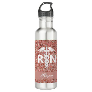 Botella De Agua Enfermera inscrita Caduceus Rosa Gold Purpurina No