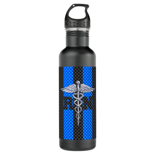 Botella De Agua Enfermera inscrita RN Caduceus Fibra de Carbono (Anverso)