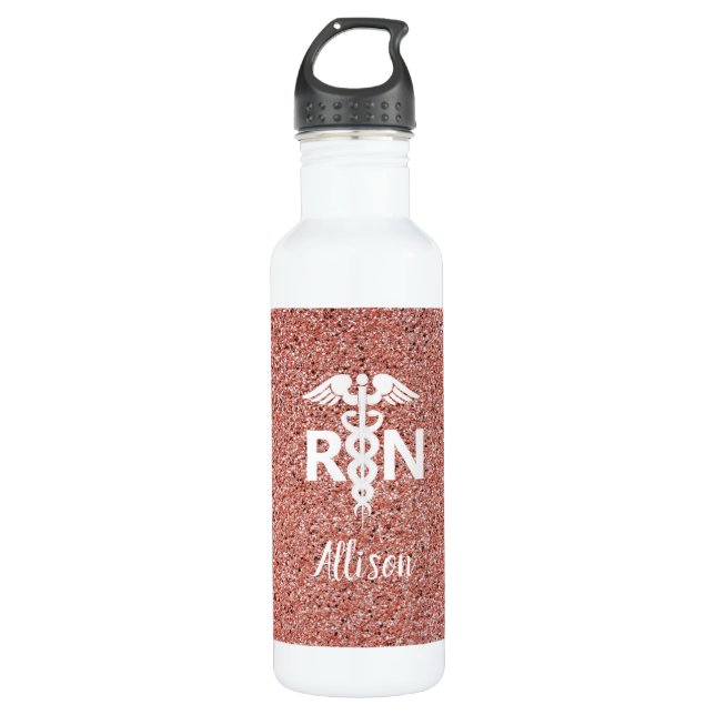 Botella De Agua Enfermera inscrita Rosa  Personalizado Purpurina d (Anverso)