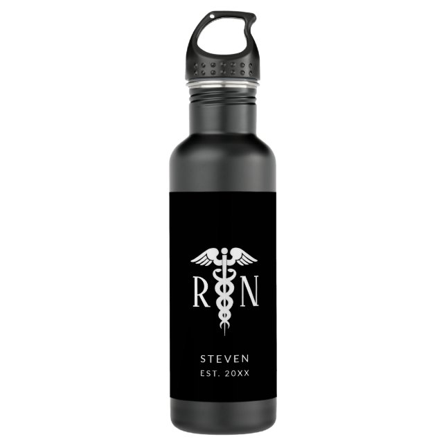 Botella De Agua Enfermera masculina RN graduada Black White person (Anverso)