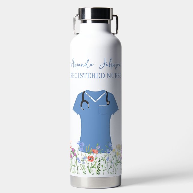 Botella De Agua Enfermera personalizada RN LPN NP Blue Scrubs (Delantero)