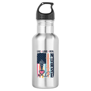 Botella De Agua Enfermera Vive Ama Sana Patriótico Vintage Vector