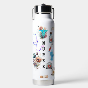 Botella De Agua Enfermero de viaje floral personalizado Monograma 