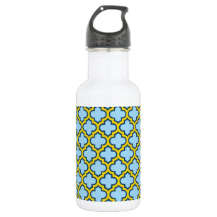 Botella De Agua Enrejado azul y amarillo, celosía, cuatro hojas