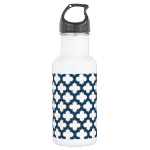Botella De Agua Enrejado blanco y azul marino, celosía, cuatro hoj