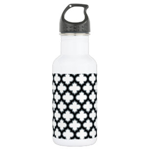 Botella De Agua Enrejado blanco y negro, celosía, cuatro hojas