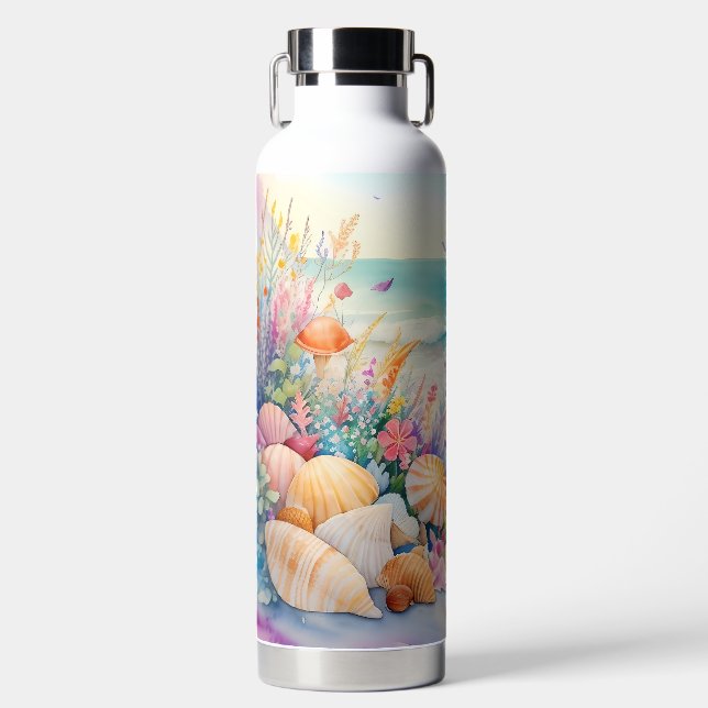 BOTELLA DE AGUA ESCENA DE PLAYA AL ACUARELA CON CONCHAS (Delantero)