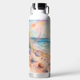 BOTELLA DE AGUA ESCENA DE PLAYA AL ACUARELA CON CONCHAS