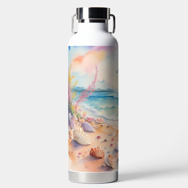 BOTELLA DE AGUA ESCENA DE PLAYA AL ACUARELA CON CONCHAS (Delantero)