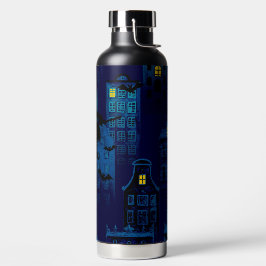 BOTELLA DE AGUA ESCENA ESPANTOSA DE CIUDAD NOCTURNA AZUL DE HALLOW