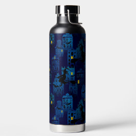 BOTELLA DE AGUA ESCENA ESPANTOSA DE CIUDAD NOCTURNA AZUL DE HALLOW
