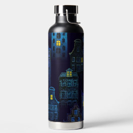 BOTELLA DE AGUA ESCENA ESPANTOSA DE CIUDAD NOCTURNA AZUL DE HALLOW