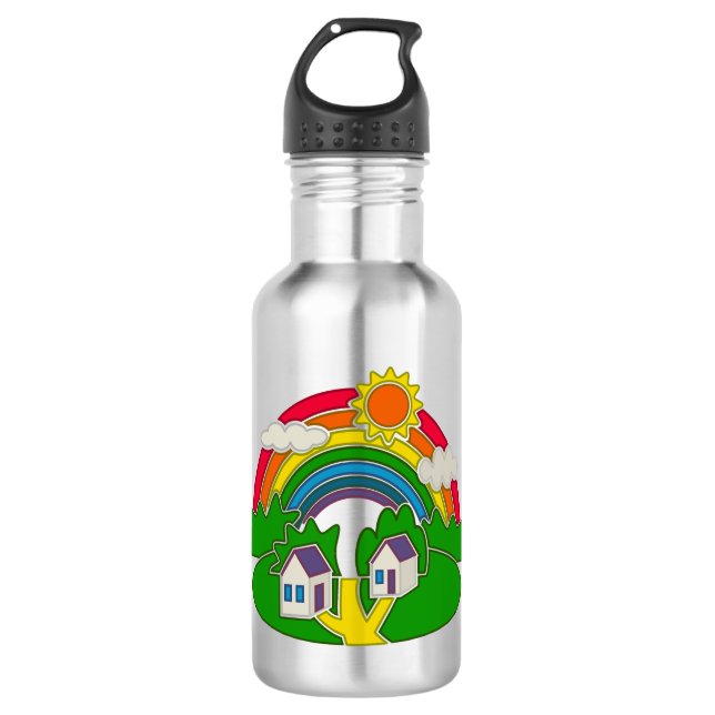 Botella De Agua Escena rural de dibujos animados con arcoíris y ca (Anverso)