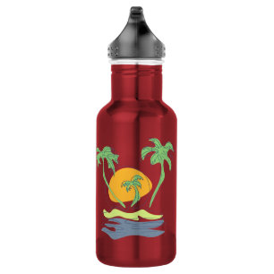 Botella De Agua Escenario de playa de isla tropical. Árbol de palm