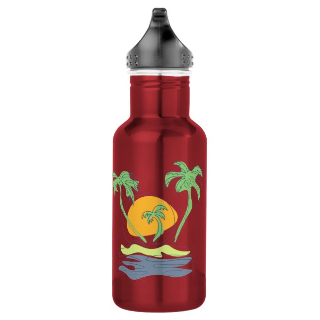 Botella De Agua Escenario de playa de isla tropical. Árbol de palm (Derecha)