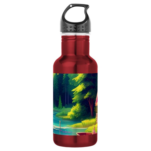Botella De Agua Escenario natural con cabaña rosa-68884 (Anverso)