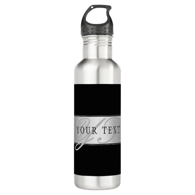 Botella De Agua Escritura de monograma elegante editable | Negro (Anverso)