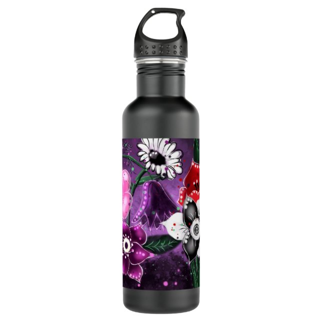 Botella De Agua Espectacular floral morado negro rosado margarita  (Anverso)