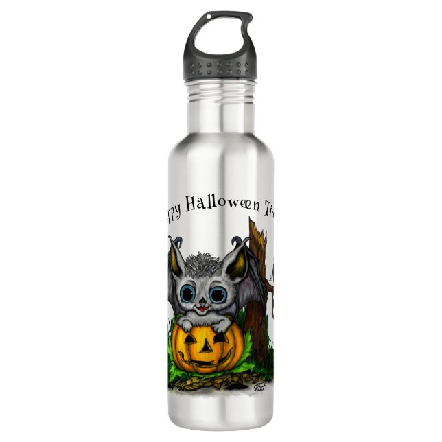 Botella De Agua Esperando Halloween , Cute Bat y Raven (Anverso)