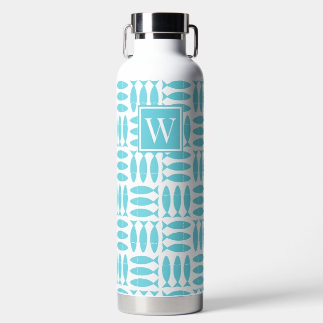 Botella De Agua Estampado Náutico de Bloque de Pescado - Monograma (Delantero)