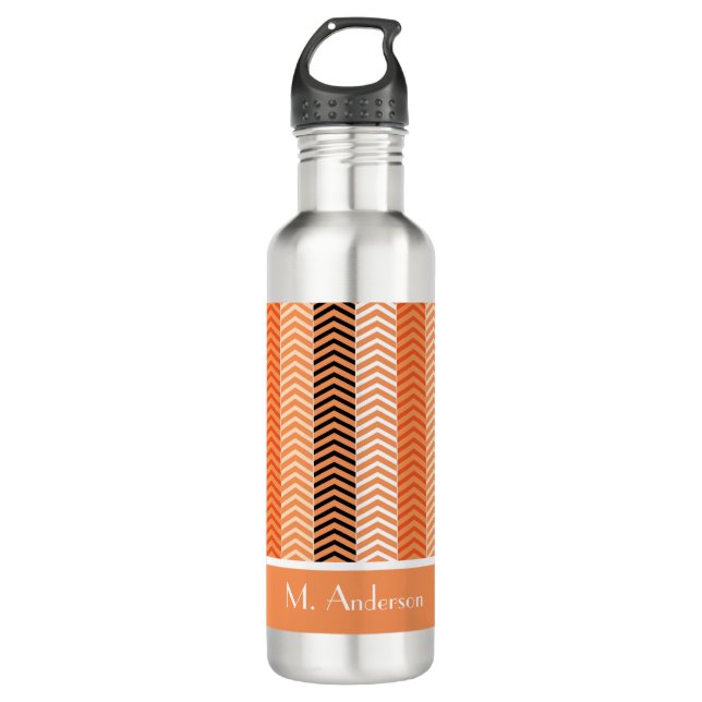 Botella De Agua Estiloso Naranja Moderno Chevron Stripes Con Nombr (Anverso)