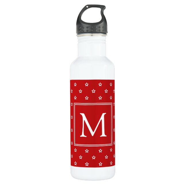 Botella De Agua Estrellas blancas en un monograma rojo brillante (Anverso)