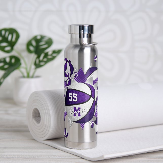 Botella De Agua estrellas de baloncesto blanco morado de deportes  (Yoga)