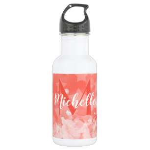 Botella De Agua Estrellas de color rosa coral patrón Nombre Monogr