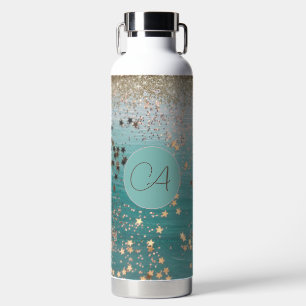 Botella De Agua Estrellas de oro monograma en Verde azulado